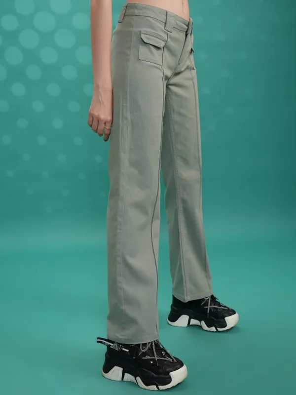  Tokyo Talkies Women Green Solid Flared Casual Trousers