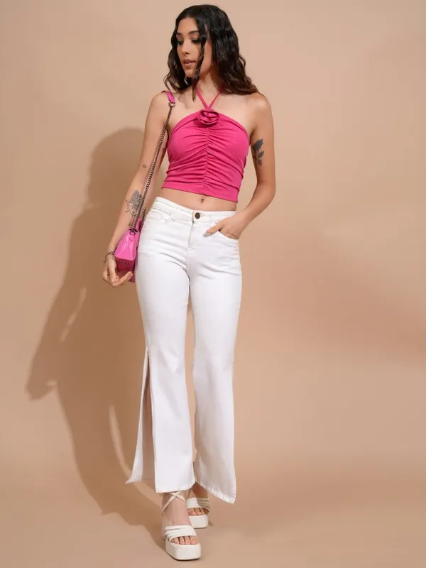 Tokyo Talkies Women Pink Solid Fitted Top