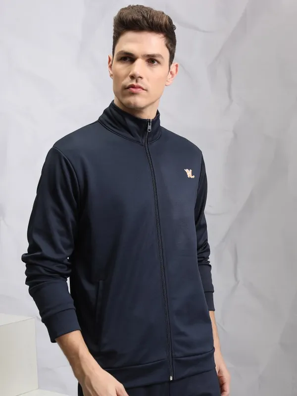  Highlander Men Navy Blue Printed Open Front Jacket Jackets