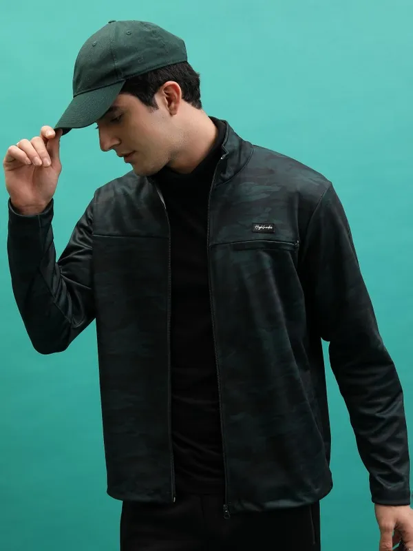  HIGHLANDER Men Green High Neck Front-Open Sweatshirts