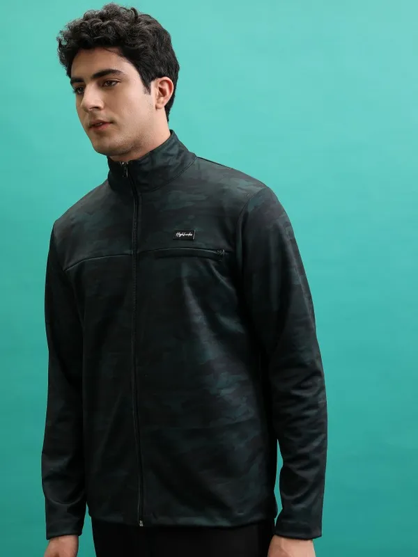  HIGHLANDER Men Green High Neck Front-Open Sweatshirts