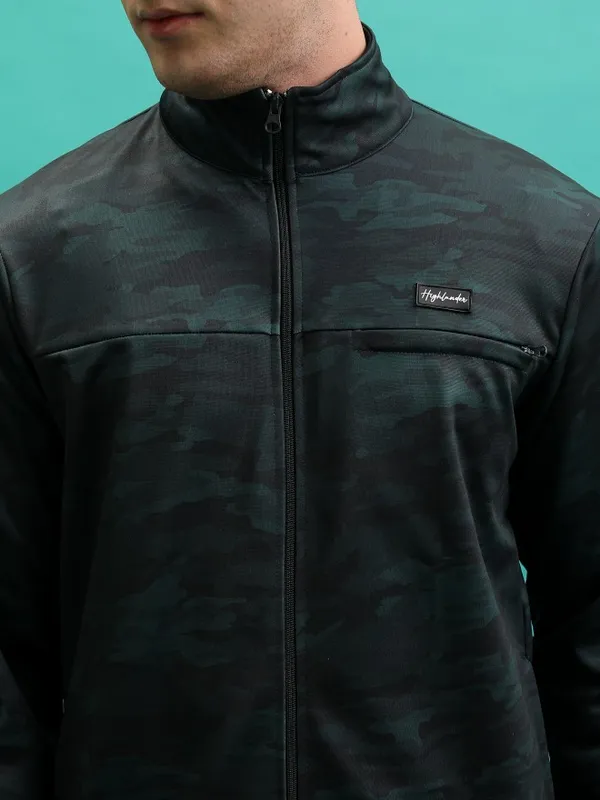  HIGHLANDER Men Green High Neck Front-Open Sweatshirts