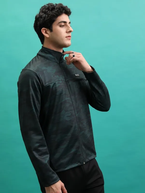  HIGHLANDER Men Green High Neck Front-Open Sweatshirts