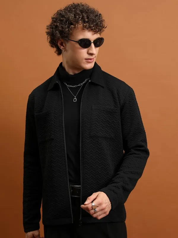  Highlander Men Black Shirt Collar Front-Open Sweatshirts