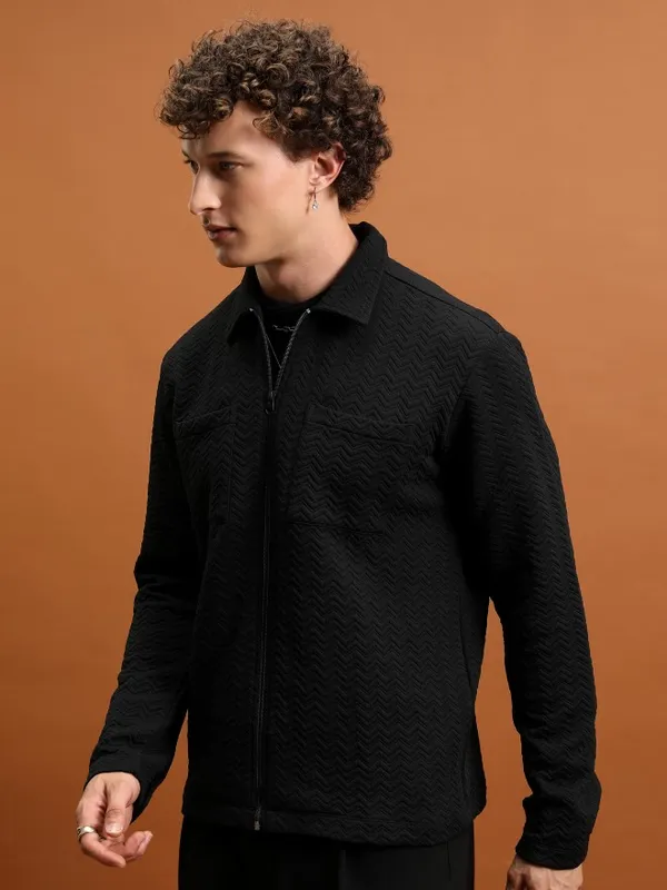  Highlander Men Black Shirt Collar Front-Open Sweatshirts