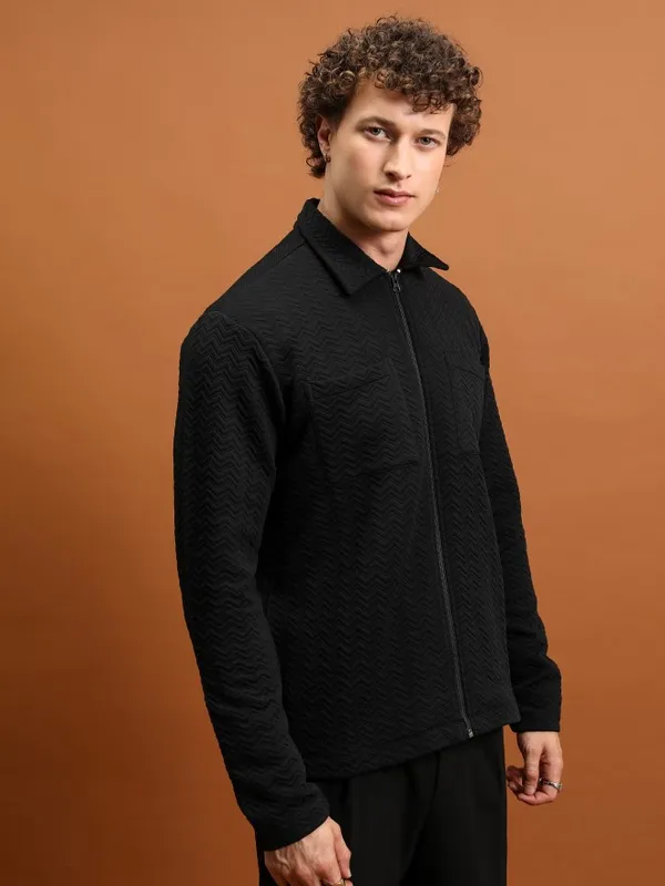  Highlander Men Black Shirt Collar Front-Open Sweatshirts