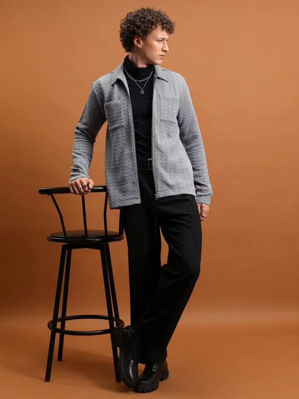  Highlander Men Grey Shirt Collar Front-Open Sweatshirts