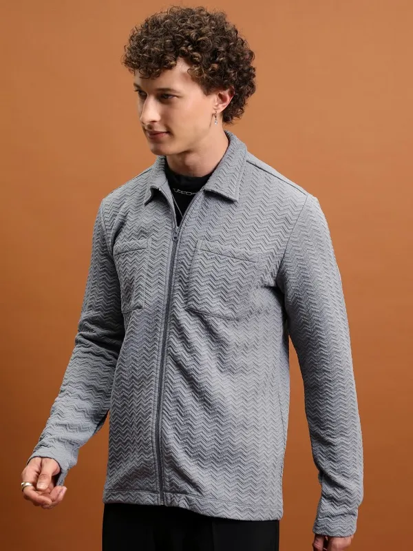  Highlander Men Grey Shirt Collar Front-Open Sweatshirts