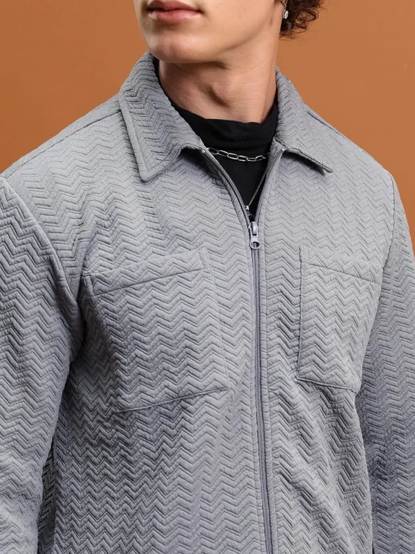  Highlander Men Grey Shirt Collar Front-Open Sweatshirts