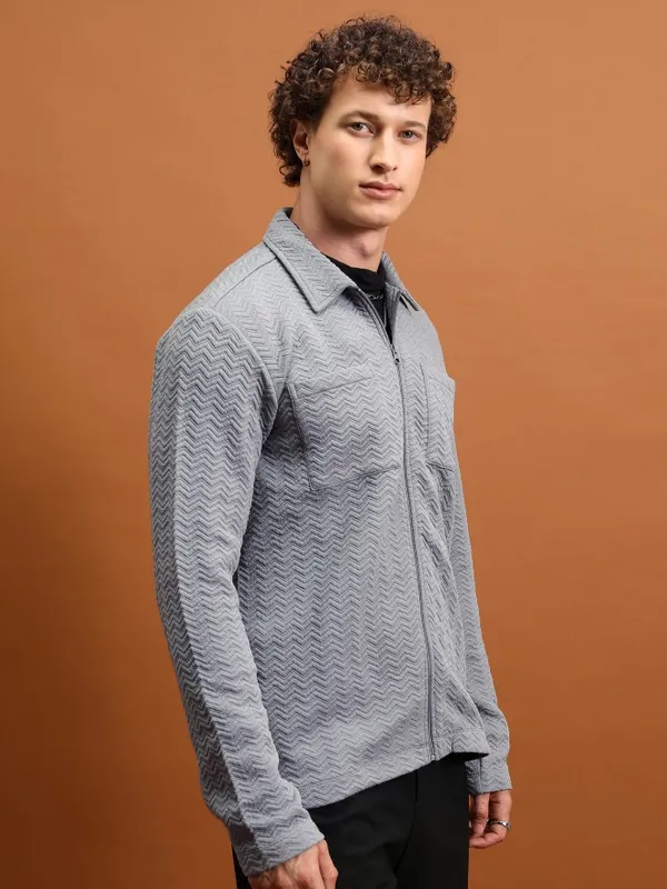  Highlander Men Grey Shirt Collar Front-Open Sweatshirts