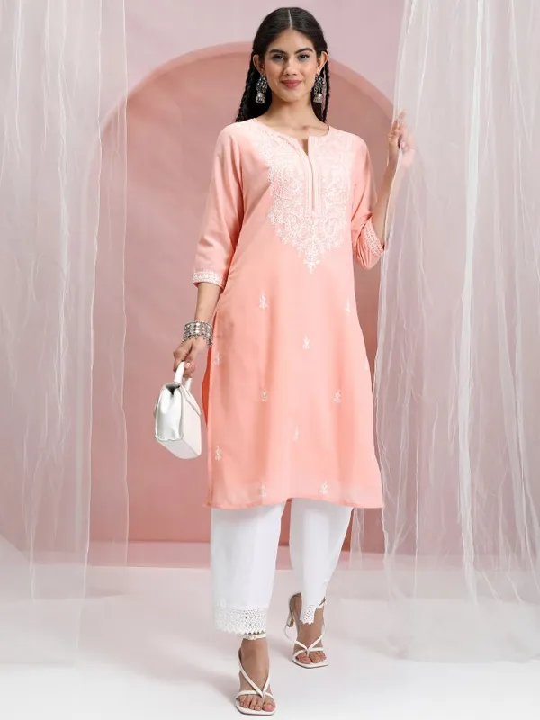 Vishudh Women Peach Embroidered Straight Kurta