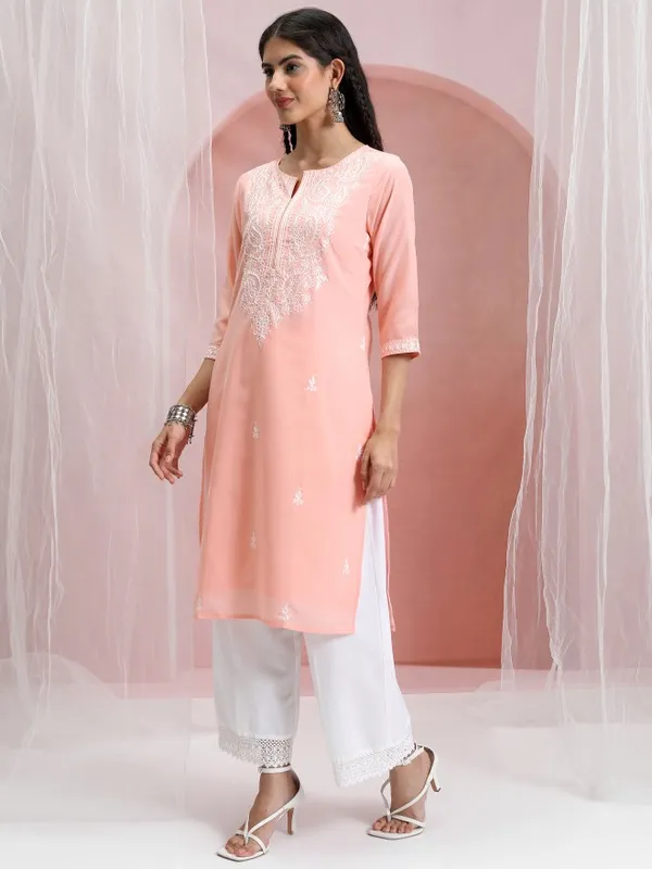 Vishudh Women Peach Embroidered Straight Kurta