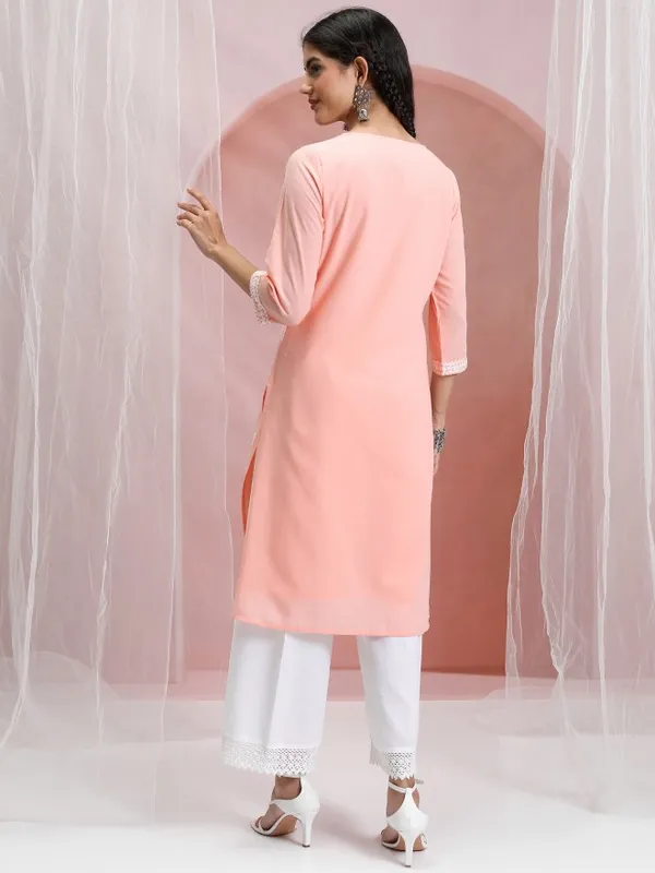 Vishudh Women Peach Embroidered Straight Kurta
