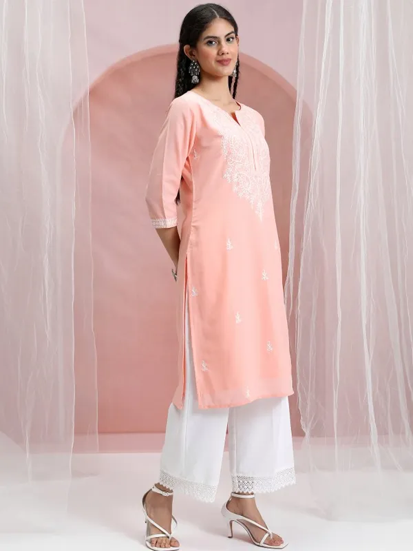 Vishudh Women Peach Embroidered Straight Kurta