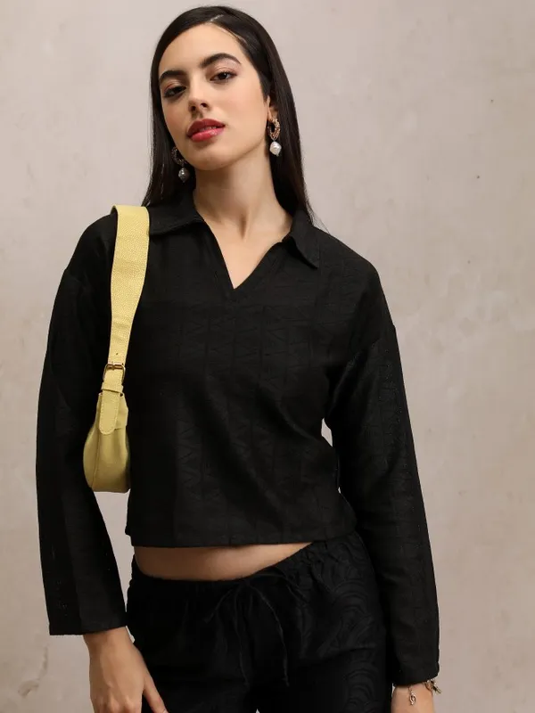  Tokyo Talkies Women Black Self Design Shirt Style Tops