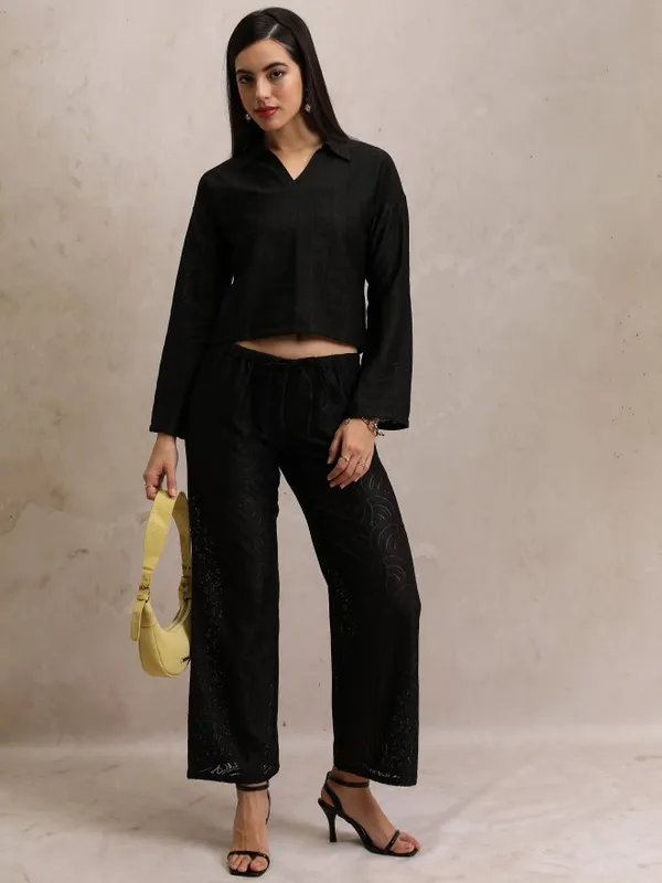  Tokyo Talkies Women Black Self Design Shirt Style Tops