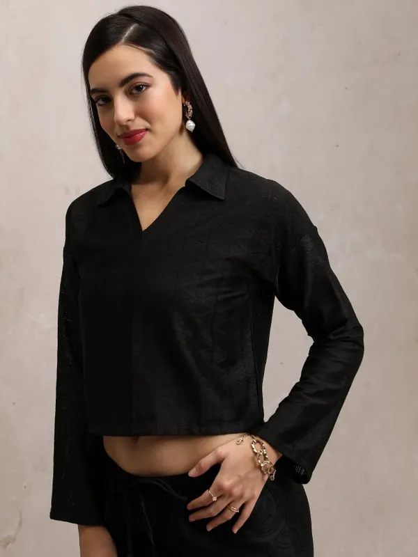  Tokyo Talkies Women Black Self Design Shirt Style Tops