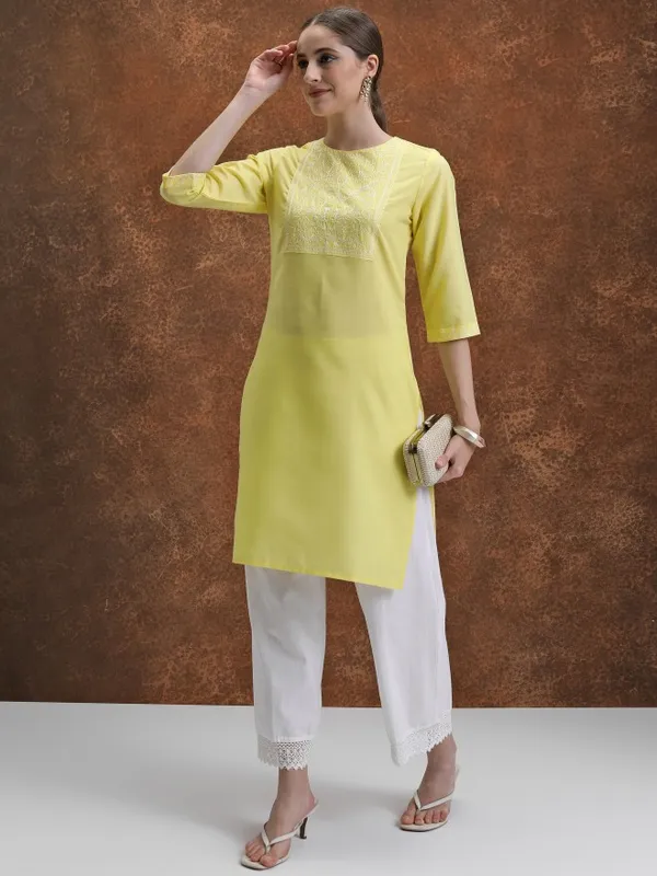 Vishudh Women Yellow Embroidered Straight Kurta