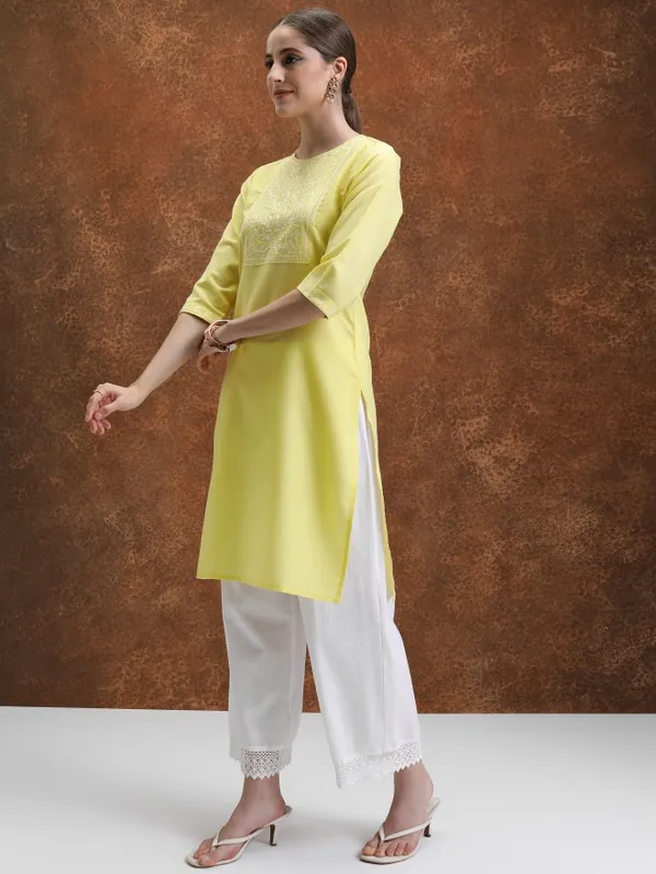 Vishudh Women Yellow Embroidered Straight Kurta