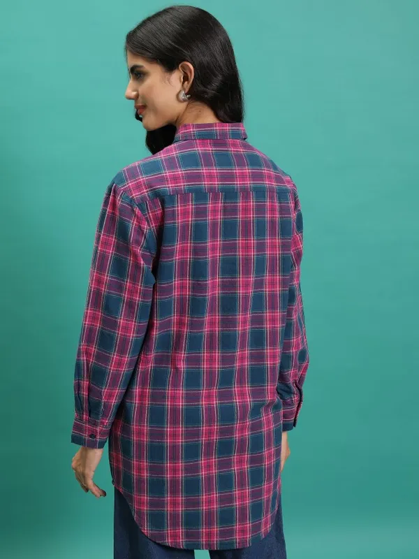Tokyo Talkies Women Teal Checked Oversized Fit Casual Shirt
