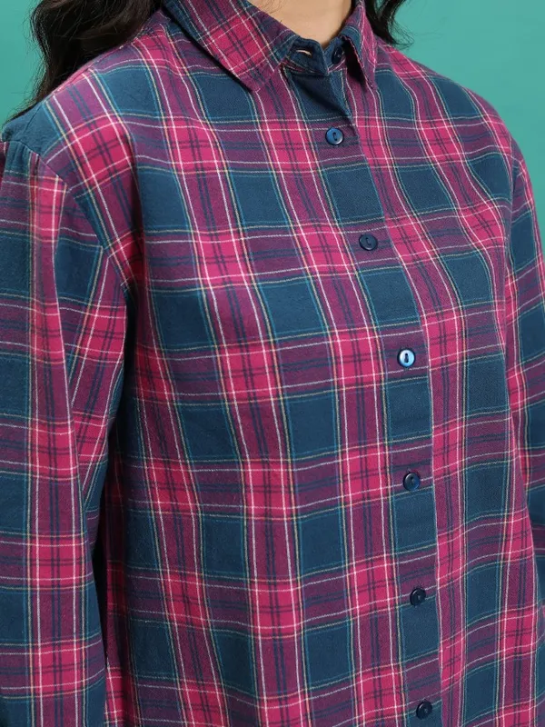 Tokyo Talkies Women Teal Checked Oversized Fit Casual Shirt