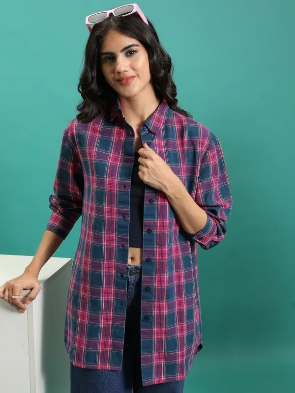  Tokyo Talkies Women Teal Checked Casual Shirts