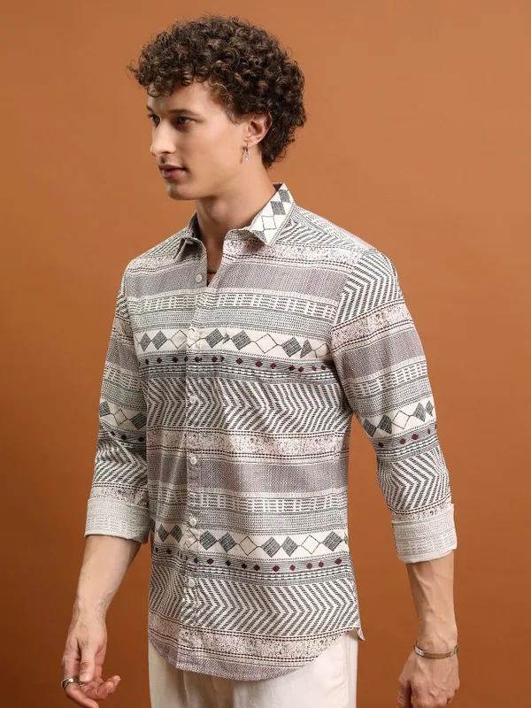  Ketch Men Cream Printed Slim Fit Casual Shirts
