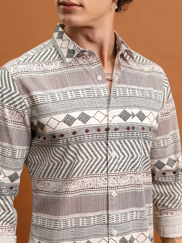  Ketch Men Cream Printed Slim Fit Casual Shirts