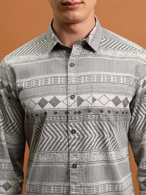  Ketch Men Grey Printed Slim Fit Casual Shirts