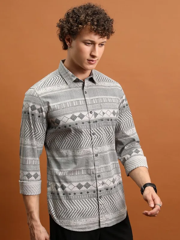  Ketch Men Grey Printed Slim Fit Casual Shirts