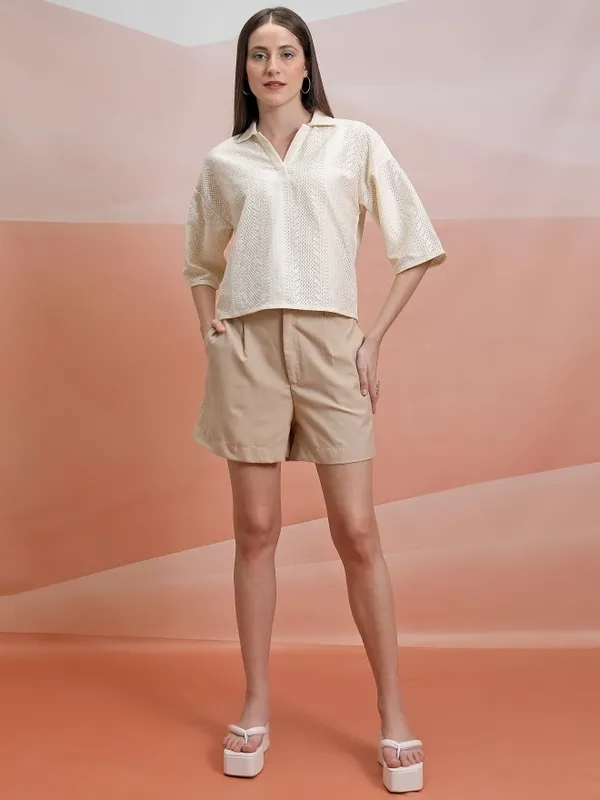  Tokyo Talkies Women Off White Self Design Regular Tops