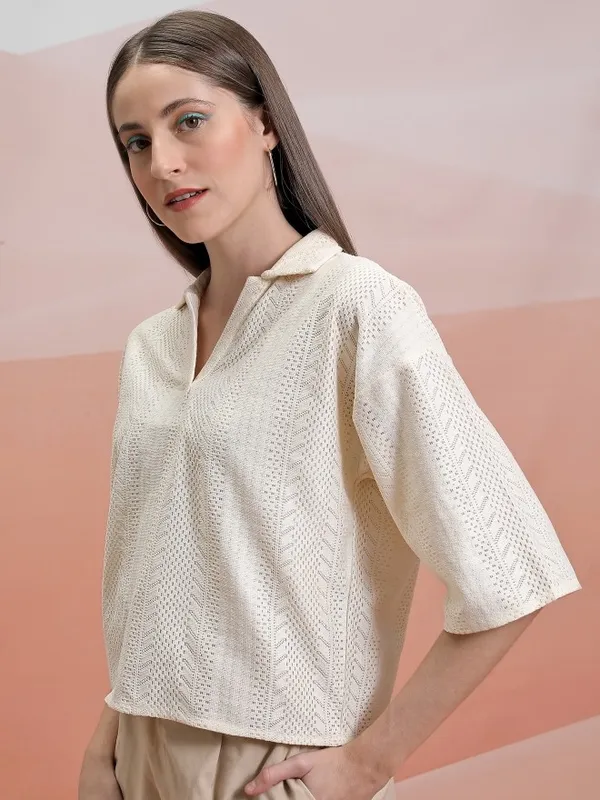  Tokyo Talkies Women Off White Self Design Regular Tops