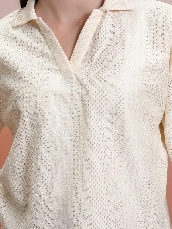  Tokyo Talkies Women Off White Self Design Regular Tops
