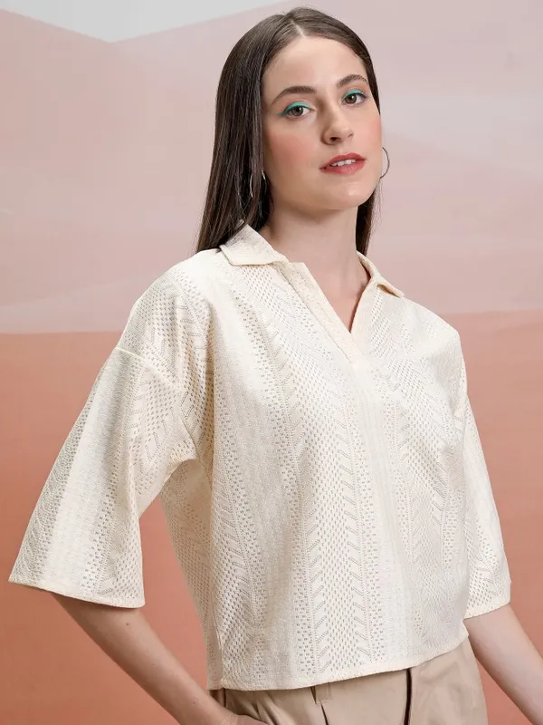  Tokyo Talkies Women Off White Self Design Regular Tops
