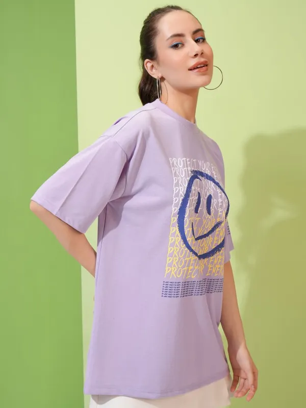 Tokyo Talkies Women Lavender Printed Round Neck Oversized Fit T-Shirt
