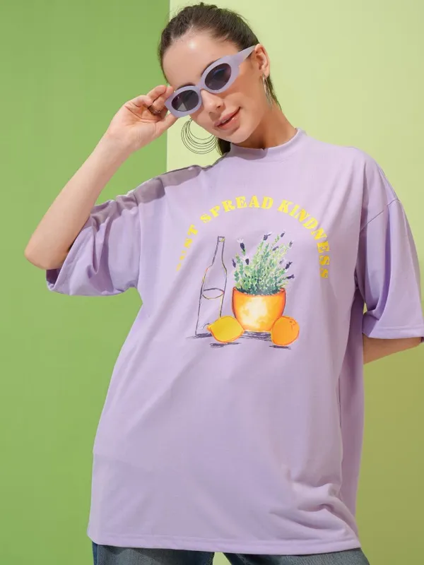 Tokyo Talkies Women Lavender Solid Round Neck T-Shirt