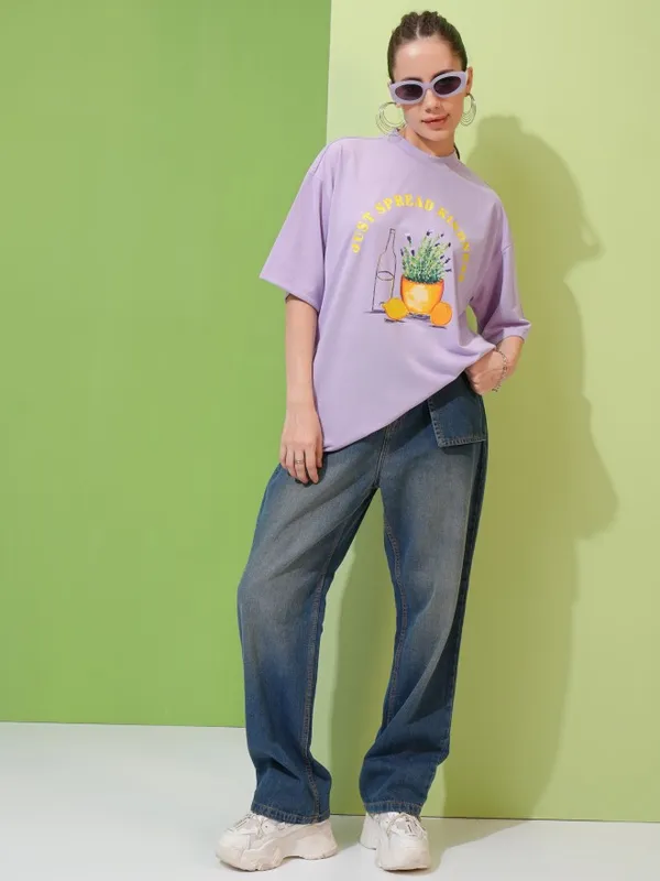 Tokyo Talkies Women Lavender Solid Round Neck T-Shirt