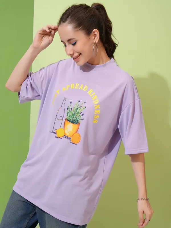 Tokyo Talkies Women Lavender Solid Round Neck T-Shirt