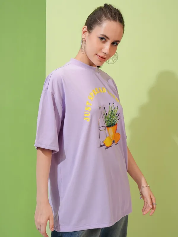 Tokyo Talkies Women Lavender Solid Round Neck T-Shirt