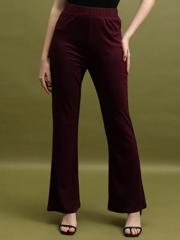  Tokyo Talkies Women Burgundy Solid Flared Casual Trousers