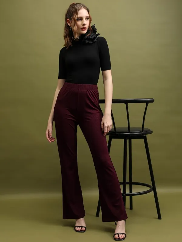  Tokyo Talkies Women Burgundy Solid Flared Casual Trousers