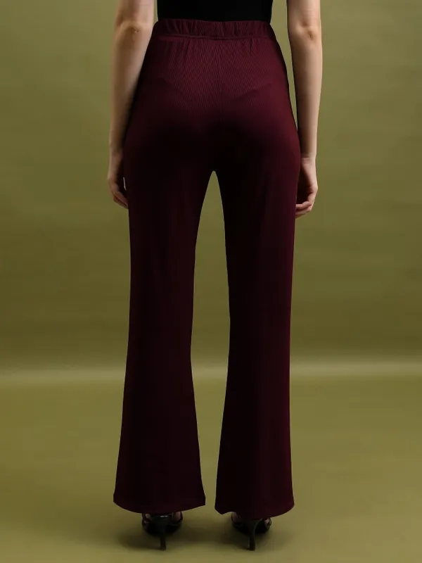  Tokyo Talkies Women Burgundy Solid Flared Casual Trousers