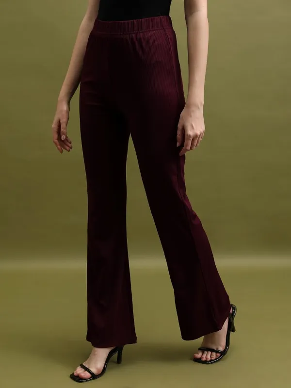  Tokyo Talkies Women Burgundy Solid Flared Casual Trousers