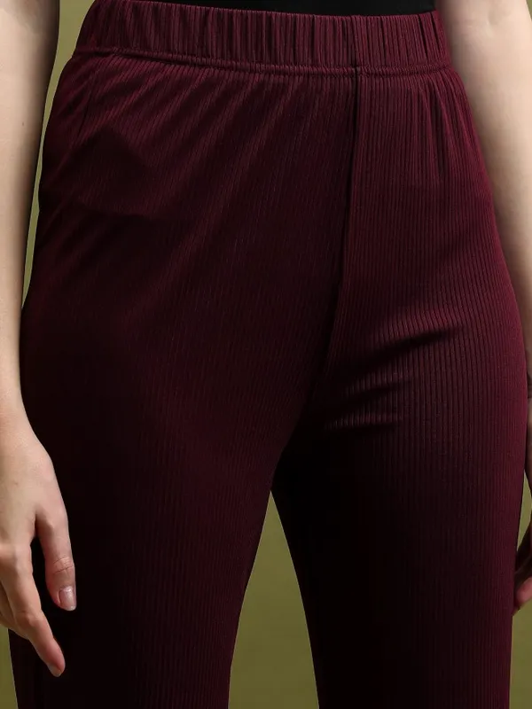  Tokyo Talkies Women Burgundy Solid Flared Casual Trousers
