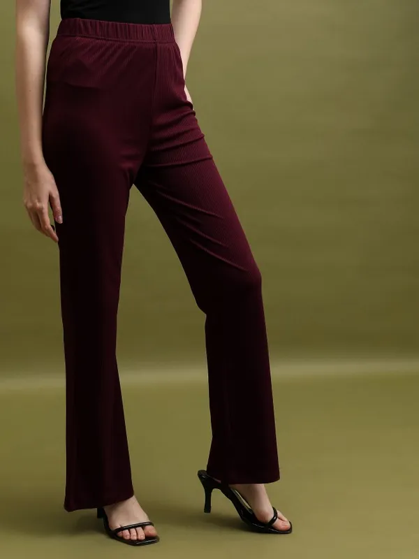  Tokyo Talkies Women Burgundy Solid Flared Casual Trousers