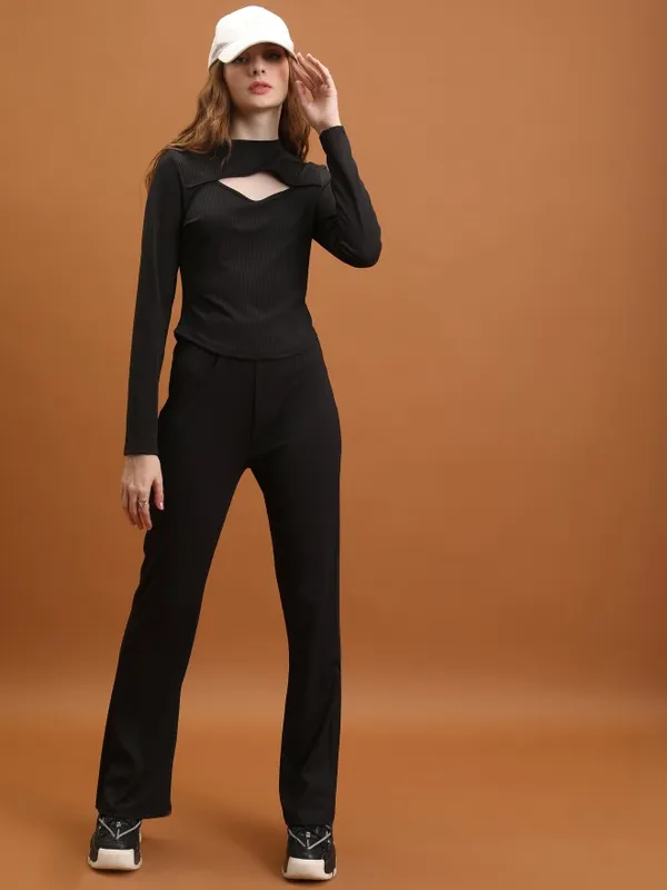  Tokyo Talkies Women Black Solid Flared Casual Trousers