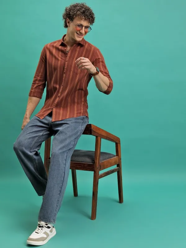  Highlander Men Terracotta Striped Slim Fit Casual Shirts