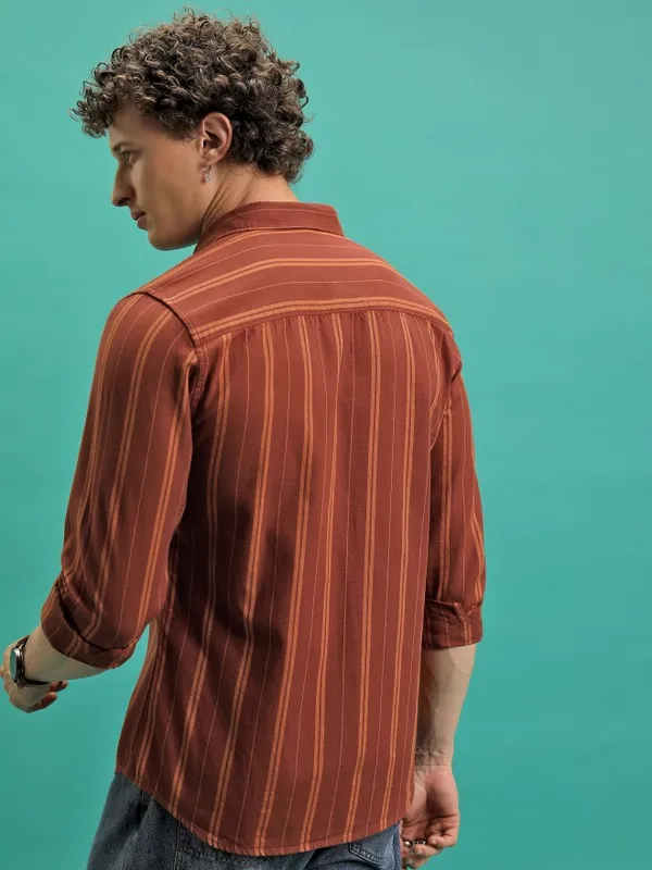 Highlander Men Terracotta Striped Slim Fit Casual Shirts
