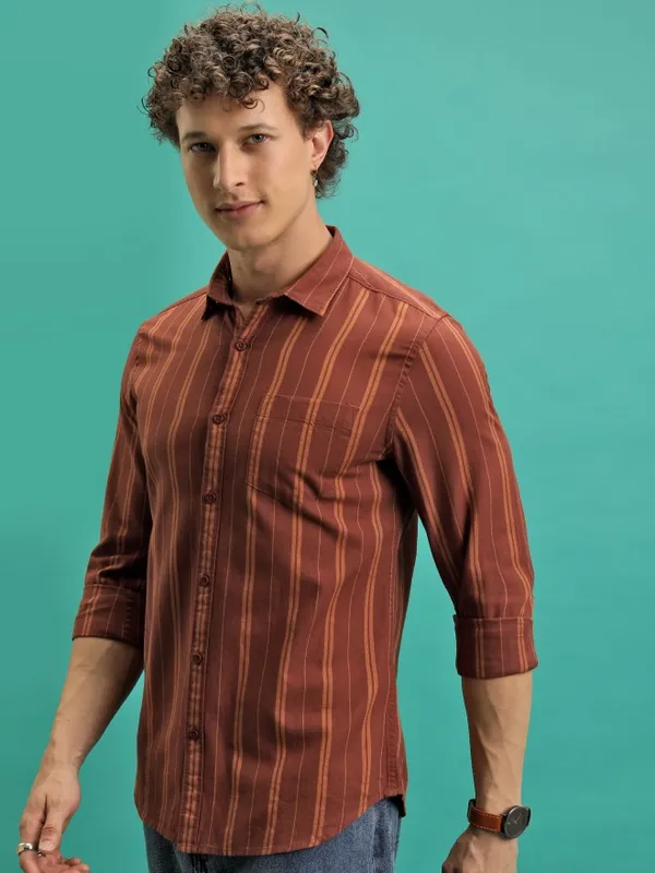  Highlander Men Terracotta Striped Slim Fit Casual Shirts