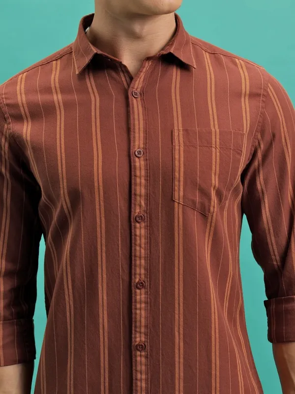  Highlander Men Terracotta Striped Slim Fit Casual Shirts